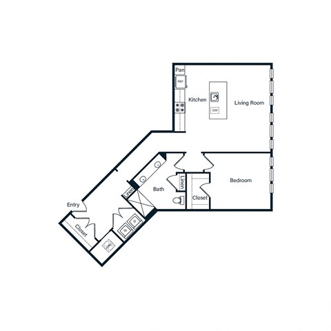 Floor plan for 1 bed, 1 bath, 885 sqft